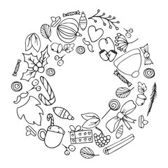Circled frame composed of Christmas objects.Hand drawn elements, sketched christmas tree, pudding, stocks, mistletoe, candle and Santa’s beard. Vector Illustration.