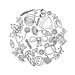 Circled frame composed of Christmas objects.Hand drawn elements, sketched christmas tree, pudding, stocks, mistletoe, candle and Santa’s beard. Vector Illustration.