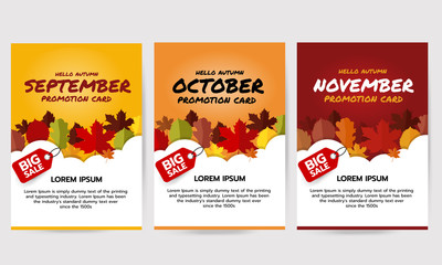 Set of hello autumn banner with leaves, september, october, november promotion card. Big sale banner template. Flat vector illustration