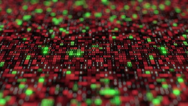 Dolly shot big data stream hacker programming application protection information technology random red green letters and numbers lined up in row futuristic technology abstract seamless loop animation