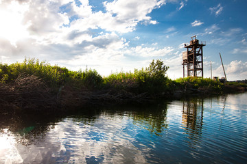 industrial tower on the island. Extraction of sand