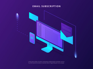 Email subscription. Landing page template with mobile devices.