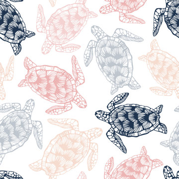 Vintage seamless pattern with sea turtles.