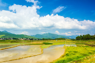 Pastoral villages under blue sky and white clouds