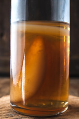 Homemade fermented raw kombucha tea. Healthy natural probiotic flavored drink. Copy space