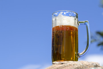 Mug of fresh beer stands on a rock in woods against blue sky