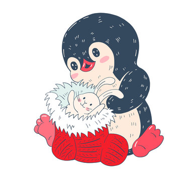 Winter illustration with funny cartoon penguin with Christmas sock and a toy Bunny  isolated on a white background. Vector