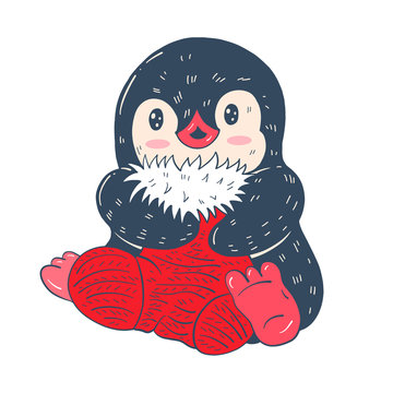 Winter illustration with funny cartoon penguin with Christmas sock  isolated on a white background. Vector