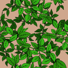 Seamless pattern with green leaves and branches on pastel beige background. Hand drawn vector illustration.