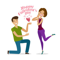 Happy Valentine's day, greeting card or banner. Guy gives heart to girl. Cartoon vector illustration