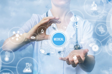 Nurse hand with stethoscope medical word .