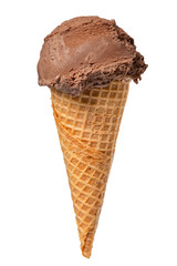 waffle cone with chocolate scoop of ice cream isolated on white background, close up