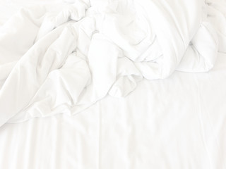 White Pillow On Bed And With Wrinkle Messy Blanket In Bedroom, From Sleeping In A Long Night Winter