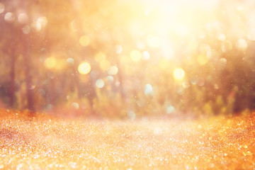 blurred abstract photo of light burst among trees and glitter golden bokeh lights.