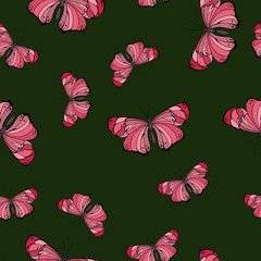 Seamless pattern with pink butterflies on dark green background. Hand drawn vector illustration.