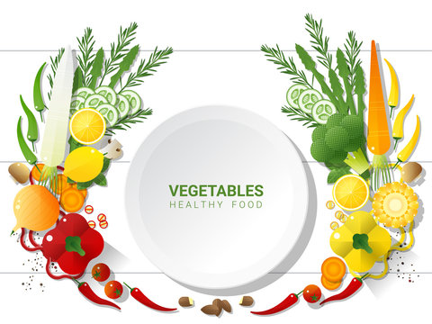 Flat lay Fresh vegetables on white table background , healthy food concept , vector , illustration