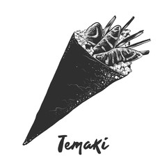 Vector engraved style illustration for posters, decoration and print. Hand drawn sketch of temaki roll in monochrome isolated on white background. Detailed vintage woodcut style drawing. © AkimD