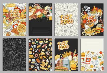 Cartoon vector illustration of fast food. This collection include hamburger, snack, burger, french fries, barbecue, drinks and other items. Hand drawn. Abstract