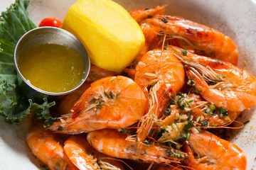 Close up shot of baked jumbo shrimp