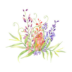 Hand drawn watercolor bouquet of flowers and leaves.Watercolor illustration. You can use for decoration of postcards, wedding invitations, parties, flyers, decorative design.