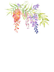 Hand drawn watercolor bouquet of flowers and leaves.Watercolor illustration. You can use for decoration of postcards, wedding invitations, parties, flyers, decorative design.