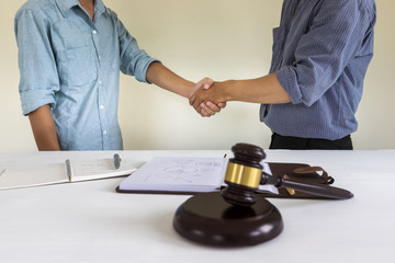 House owner shake hands with lawyer. Successful housing law plan