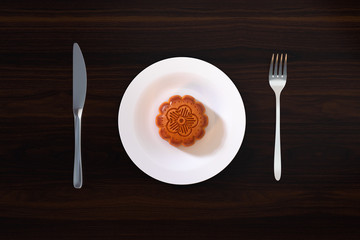 Moon cake on red table,Asian traditional festival, Mid-Autumn festival.Chinese traditional festival.