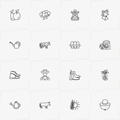 Farm line icon set with farmer, watering can and apple with pear