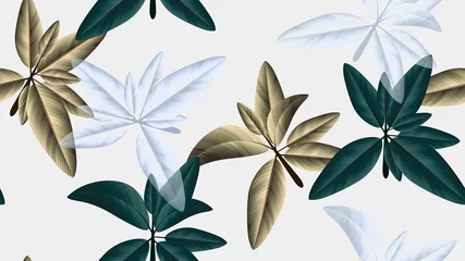 Behangcirkel Seamless pattern, green, golden and white leaves on light grey background © momosama