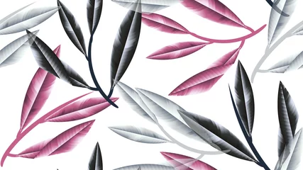Foto auf Acrylglas Seamless pattern, black, pink and white sharp leaves with branch on white background © momosama