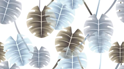 Gordijnen Seamless pattern, brown, purple and blue split leaf Philodendron on white background © momosama