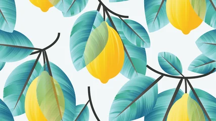 Muurstickers Seamless pattern, lemon fruit with blue leaves on branch on light blue background © momosama
