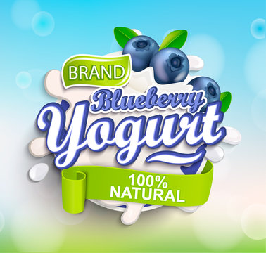 Fresh and Natural Blueberry Yogurt label splash on bokeh background for your brand, logo, template, label, emblem for groceries, agriculture stores, packaging and advertising. Vector illustration.