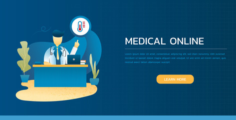 The doctor and diagnosis Online treatment banner web concept blue background.
, Infographics , Can use for web banner. Flat design vector illustration.
