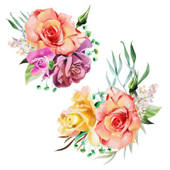 Beautiful watercolor flowers, floral wreaths, bouquets, arrangements, compositions. Roses with stems and leaves