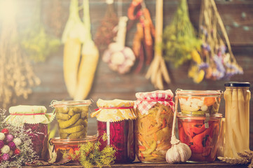 Pickled Marinated Fermented vegetables on shelves