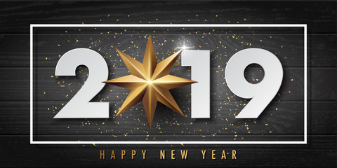 Fototapeta na wymiar 2019 happy new year vector greeting card and poster design with golden ribbon and star.