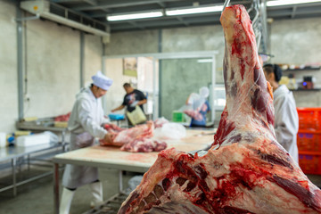 Group of butcher are working  with friends in the butchery shop meat beef.