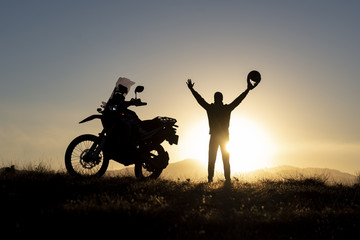 motorbike travel and sunrise time - obrazy, fototapety, plakaty