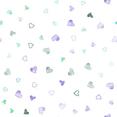 Light Pink, Green vector seamless template with doodle hearts.