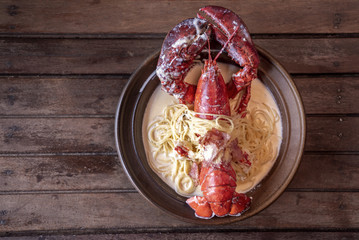 Top view spaghetti lobster shrimp