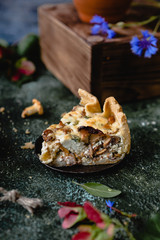 piece of appetizing pie with mushrooms on wooden table