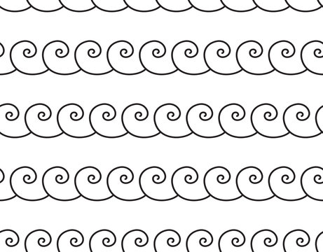 Set of wavy, zigzag, sinuous horizontal lines. Black and white textures. Sea wave seamless pattern