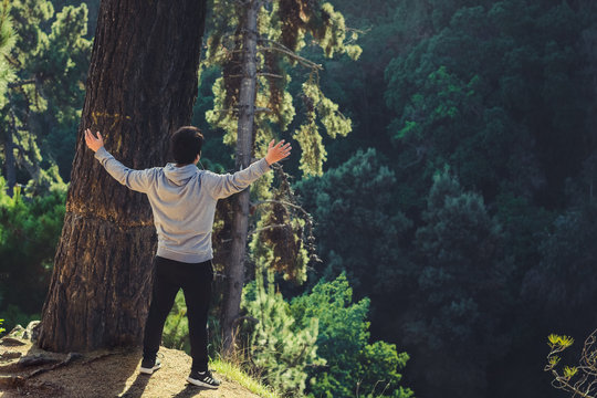 Hombre con brazos abiertos y extendidos sobre la monta&ntilde;a contemplando el hermoso bosque 