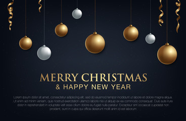 vector illustration of merry christmas 2018 gold and black collors place for text christmas balls
