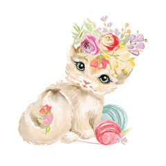 Cute watercolor blue eyed kitten with floral, flowers bouquet, wreath and yarn balls