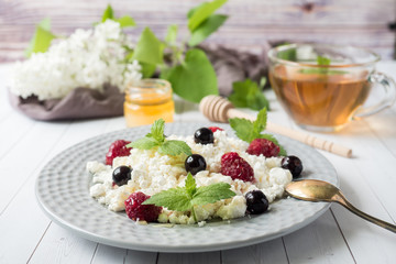 Russian cottage cheese with berries, honey mint, selective focus, healthy Breakfast