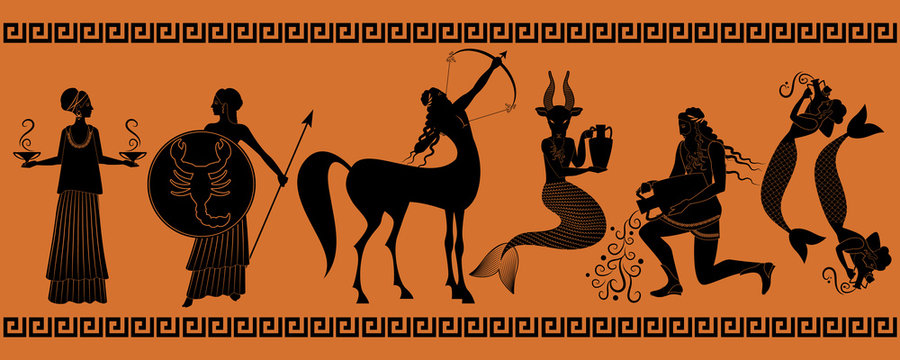 The last six signs of the zodiac as myths of ancient Greece in decorative border: Libra, Scorpio, Sagittarius, Capricorn, Aquarius, Pisces