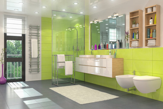 Modernes Badezimmer in weiß und grün mit Dusche, WC, Bidet, zwei Waschbecken und einem großen Spiegel