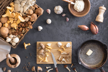 Top view of preparation and frying of edible wild mushrooms, food photo. Mix of chanterelle, portobello, shiitake in Cast-iron pan. Cooking with spices, butter, parsley, onion, leek, garlic.